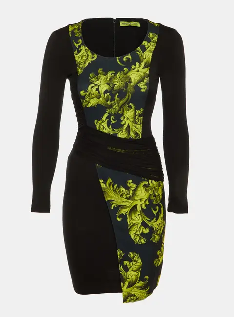 Versace Jeans Black Baroque Print Cady Ruched Bodycon Dress S