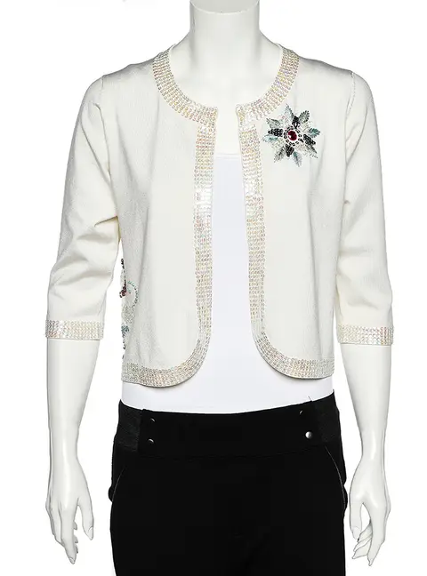 Versace Jeans Couture White Silk Knit Sequin Embellished Open Front Shrug L