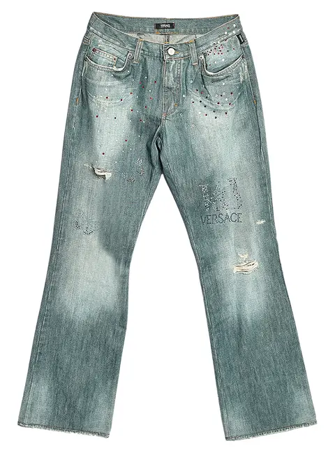 Versace Jeans Couture Blue Embellished Denim Flared Leg Distressed Jeans L