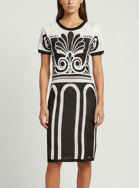 Versace Jeans Black/White Knitted Short Sleeve Midi Dress S