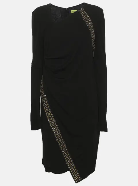 Versace Jeans Black Jersey Rhinestone Embellished Knee Length Dress M