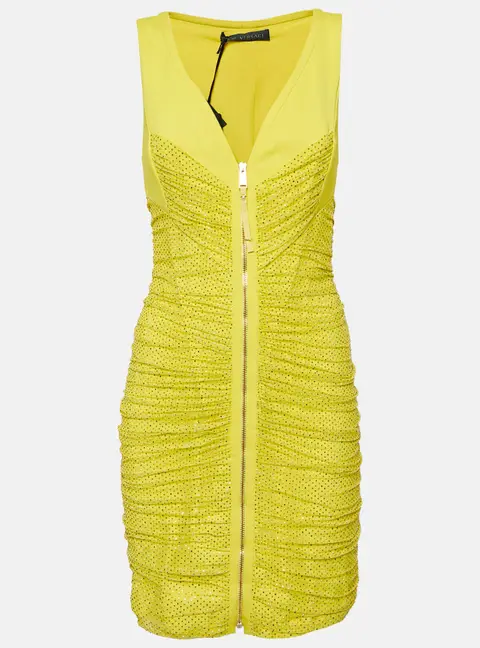 Versace Yellow Embellished Tulle and Jersey Ruche Mini Dress M