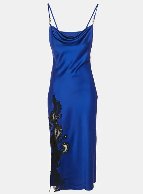 Versace Blue Barocco Lace Satin Silk Cowl Neck Slip Dress S