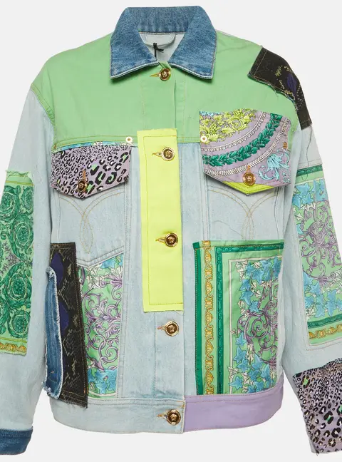 Versace Blue Mixed Print Patchwork Denim Jacket M