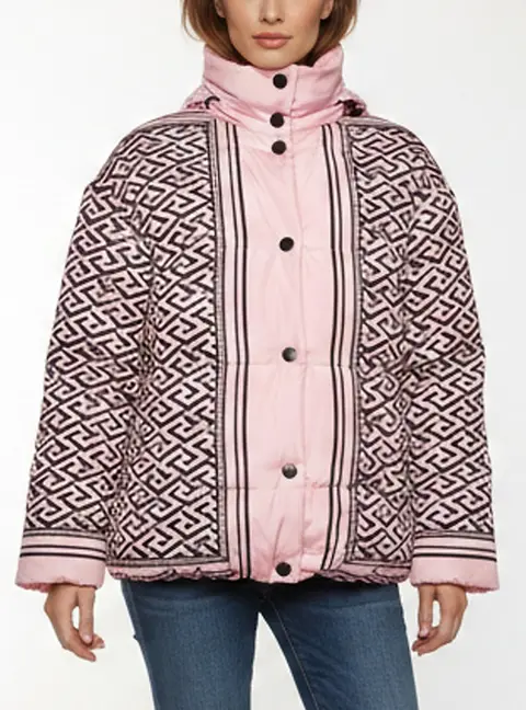 Versace Pink Monogram Nylon La Greca Puffer Jacket M