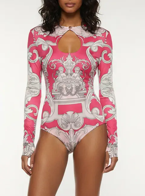 Versace Pink Baroque Print Jersey Cut-Out Bodysuit Top S