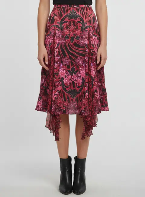 Versace Pink/Black Orchid Print Satin Chiffon Asymmetric Skirt M