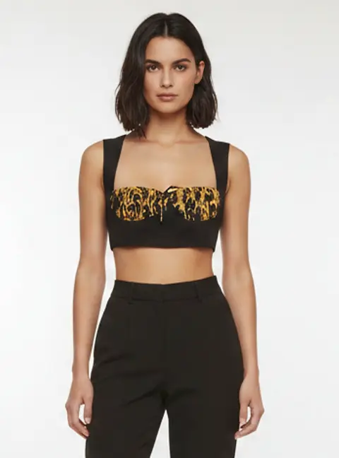 Versace Black/Gold Barocco Print Crepe Cropped Bustier Top XS