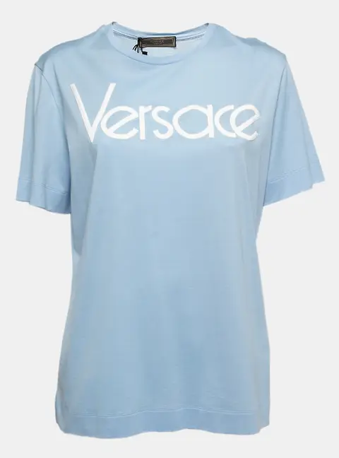 Versace Light Blue Cotton Logo Embroidered Tribute T-Shirt M