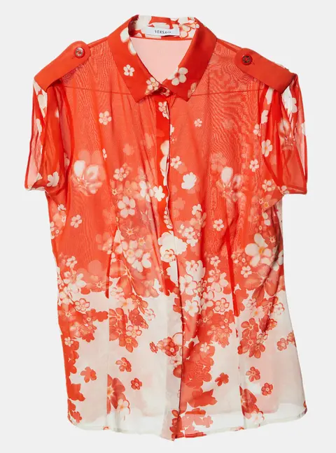 Versace Orange Floral Print Silk Crepe Button Front Blouse M