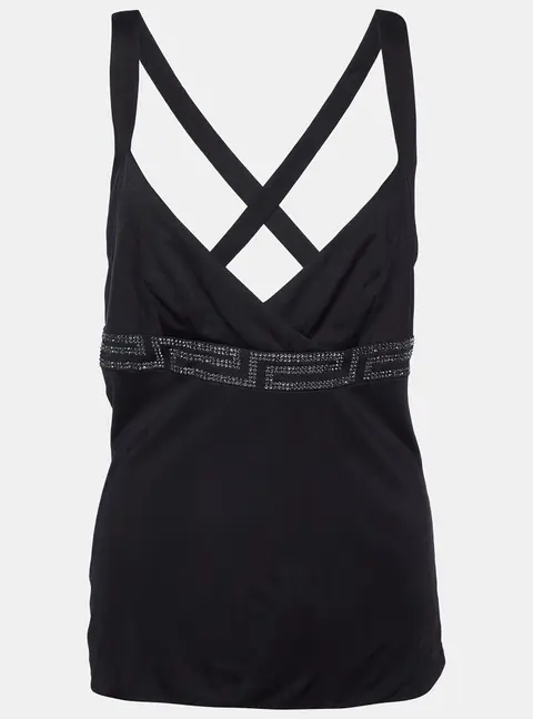 Versace Black Jersey Crystal Greca Embellished Tank Top M