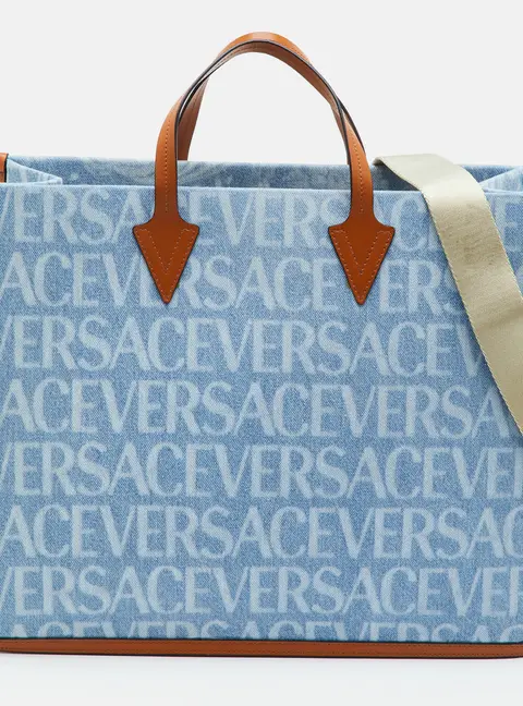Versace Allover Blue/Brown Denim and Leather Shopper Tote