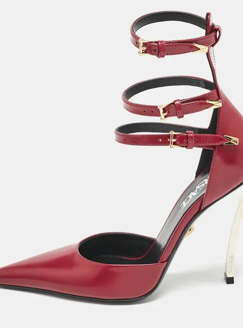 Versace Burgundy Brushed Leather Pin-Point Ankle Strap Pumps Size 36