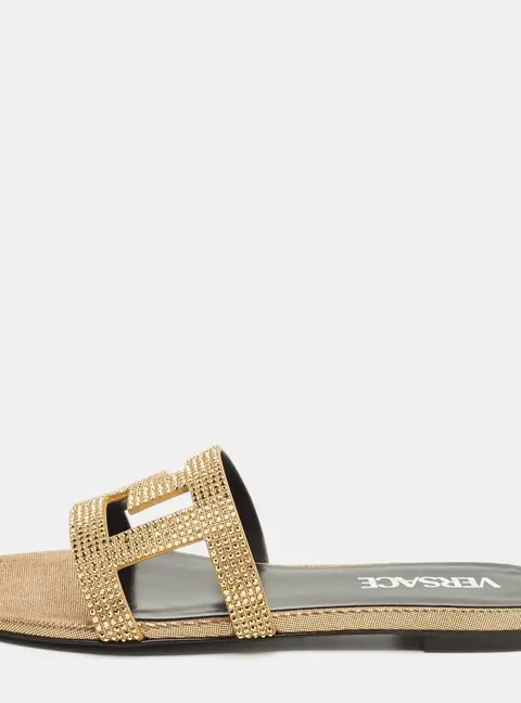 Versace Greca Crystals Size 35 Gold/Black Suede Slide Flats