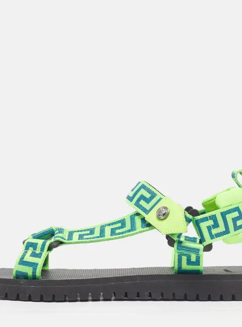 Versace La Greca Size 41 Neon Green Canvas and Fabric Ankle Strap Sandals