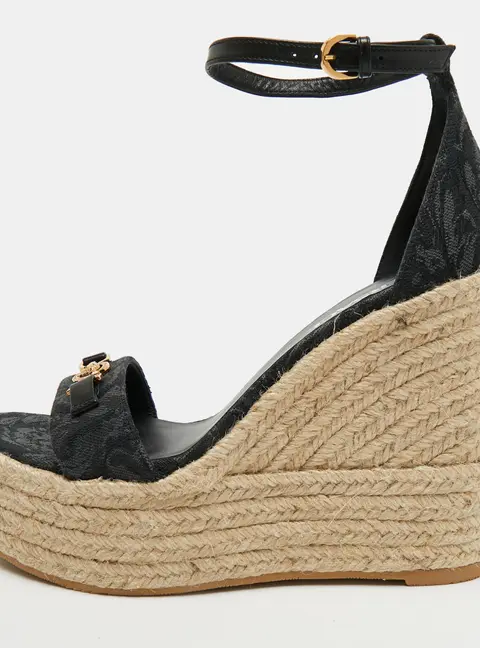 Versace Medusa Size 38 Black Denim and Leather Wedge Sandals