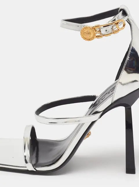 Versace Safety Pin Size 41 Silver Leather Ankle Strap Sandals