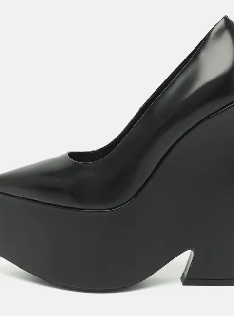 Versace Size 39.5 Black Leather Wedge Platform Pumps