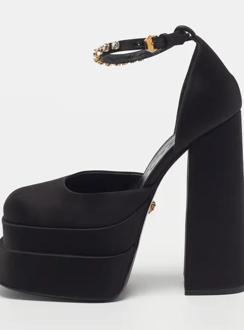 Versace Medusa Aevitas Size 38 Black Satin Crystal Embellished Double Platform Pumps