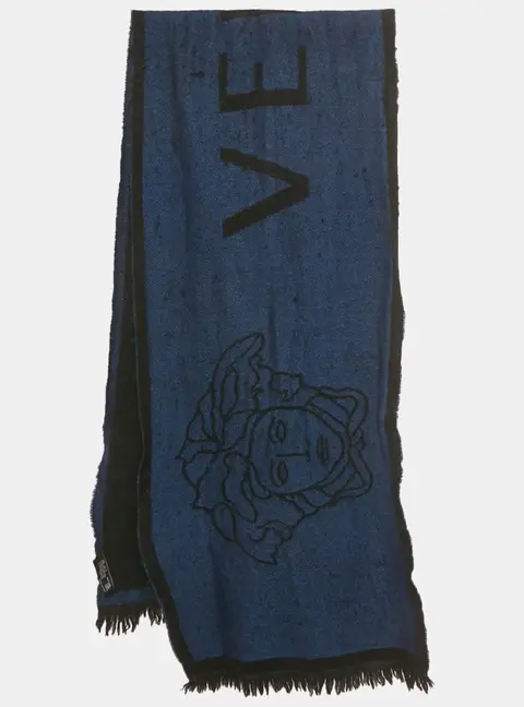 Versace Blue/Black Logo Jacquard Wool Stole