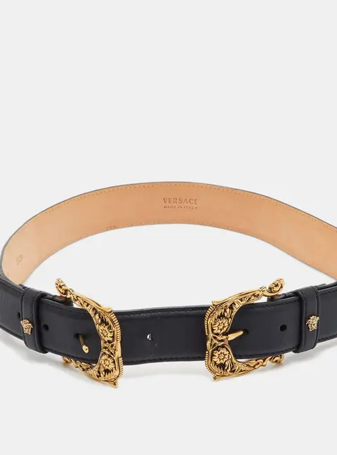 Versace 85CM Black Leather Baroque Double Buckle Belt