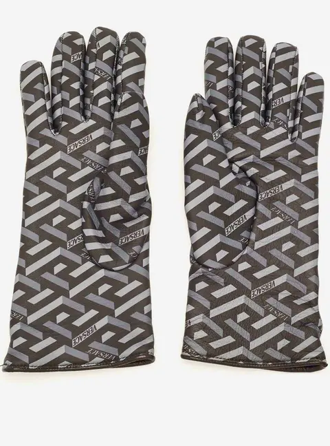 Versace Size 7 Black/Grey La Greca Signature Leather Gloves