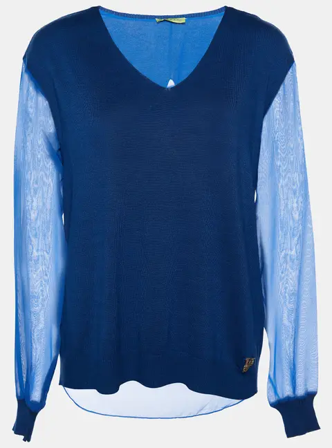 Versace Blue Knit & Chiffon Paneled V-Neck Jumper XXS