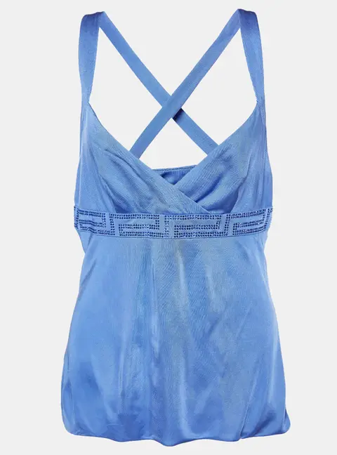 Versace Blue Jersey Crystal Greca Embellished Tank Top M