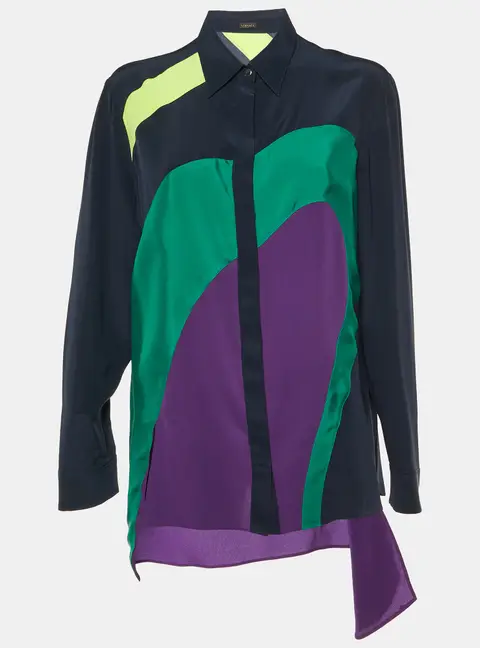 Versace Navy Blue Color Block Silk Asymmetric Shirt L