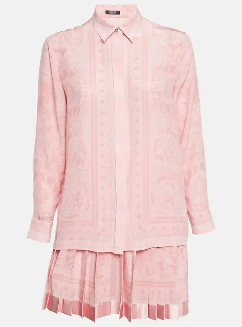 Versace Pink Barocco Print Silk Shirt and Skirt Set S