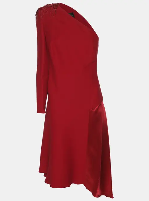 Versace Red Silk Embellished One Off Shoulder Dress M
