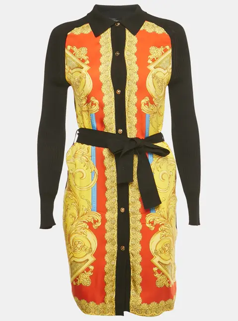 Versace Black/Yellow Barocco Print Silk and Rib Knit Cardigan XS