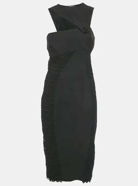 Versace Black Crepe Lace Detail Maxi Dress M