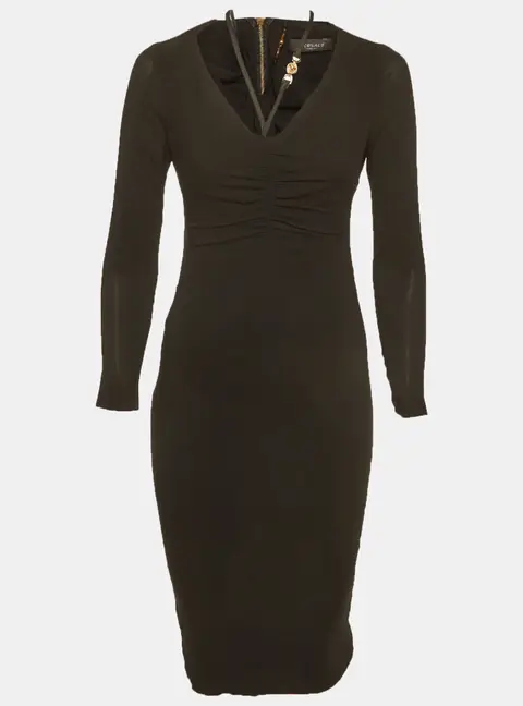 Versace Black Crepe Medusa Detail Ruche Midi Dress S