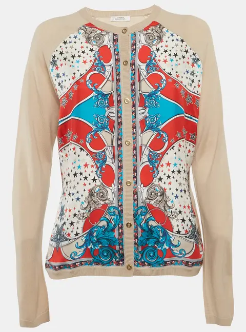 Versace Collection Beige Printed Silk and Knit Cardigan L