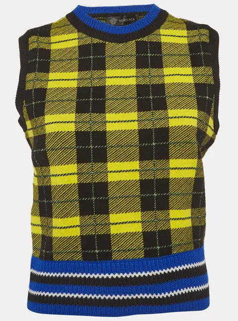 Versace Yellow/Black Plaid Knit Vest Sweater M