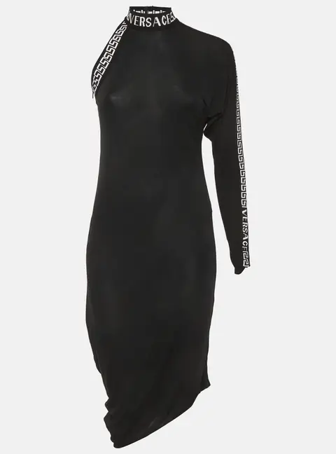 Versace Black Logo Band Jersey One Shoulder Midi Dress S