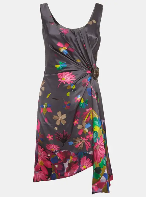 Versace Grey Floral Print Silk Draped Mini Dress S