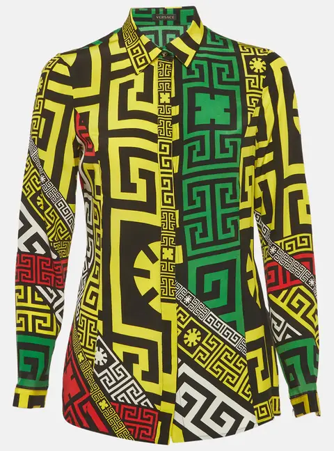 Versace Multicolour Geometric Greek Print Silk Long Sleeve Shirt S