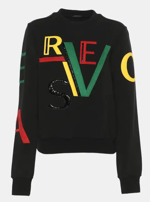 Versace Black Jersey Multicolor Logo Embroidered Sweatshirt M