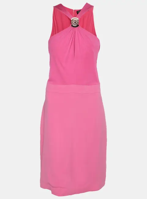 Versace Pink Stretch Crepe Halter Neck Midi Dress L