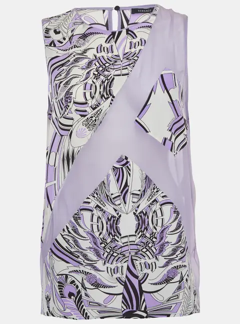Versace Lilac Abstract Print Chiffon and Silk Sleeveless Top L