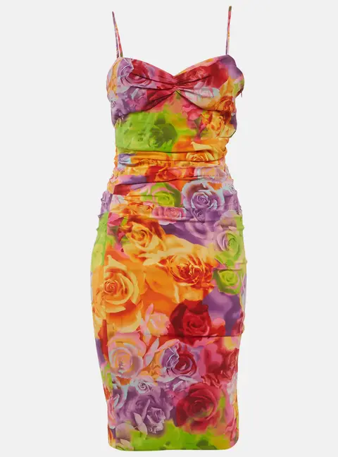 Versace Vintage Multicolor Floral Print Silk Ruched Dress M