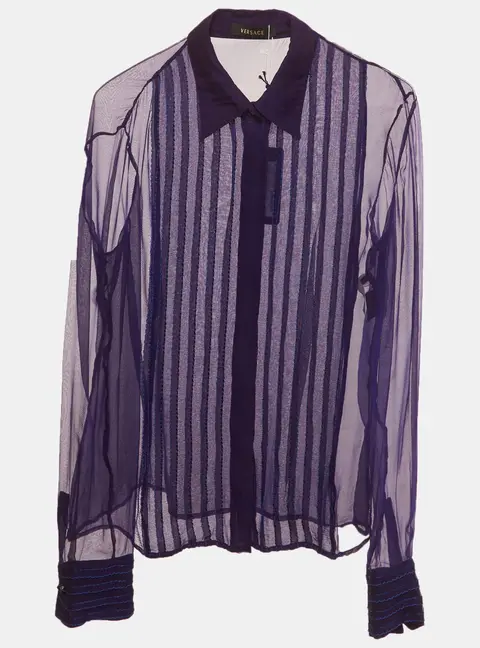 Versace Purple Sheer Silk Chiffon Embroidered Pin Tuck Shirt L