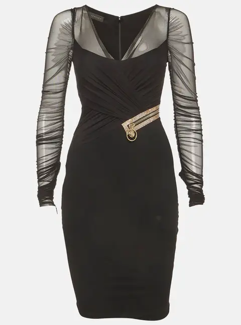 Versace Black Jersey And Tulle Draped Midi Dress S