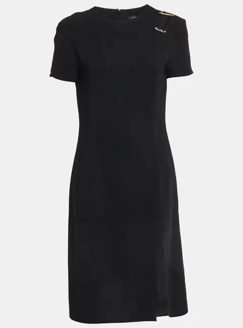 Versace Black Stretch Crepe Logo Safety Pin Detail Midi Dress M