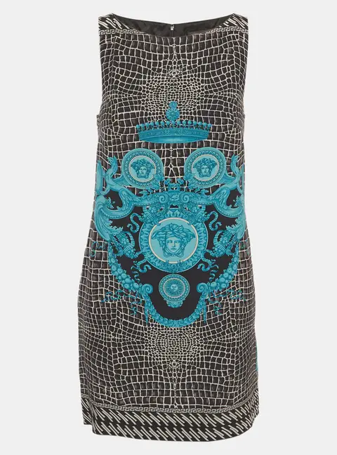 Versace Black/Blue Crocodile Medusa Print Silk Sleeveless Mini Dress S