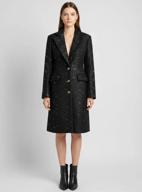 Versace Black All Over Logo Tweed Fitted Long Coat S