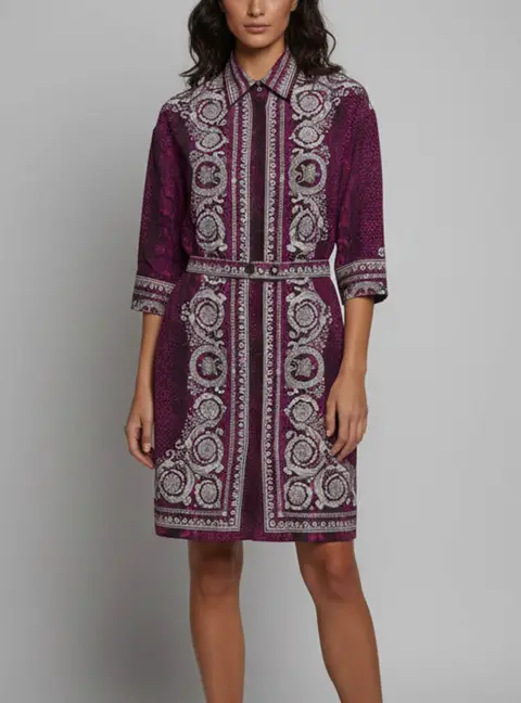 Versace Pink Snake & Baroque Print Silk Belted Sheath Dress M