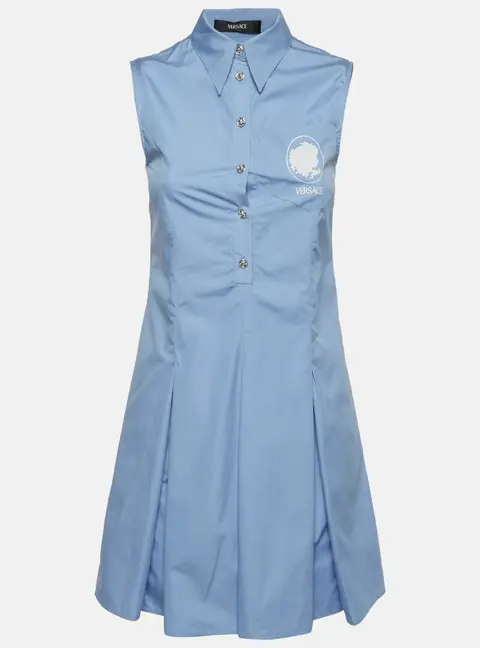 Versace Blue Cotton Pleated Sleeveless Dress XS